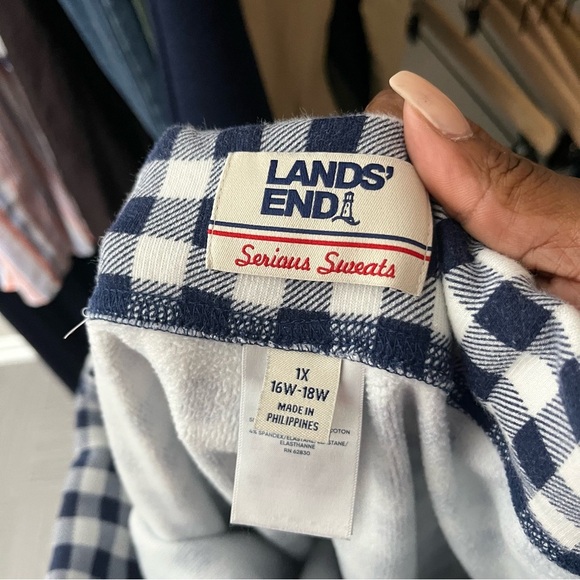 Lands End Women Serious Sweats Pants 1X Blue White Gingham Capri Pull On Elastic - Picture 8 of 9